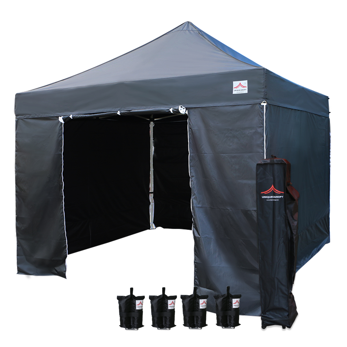 A sleek black 10x10 canopy with full side walls for privacy.
